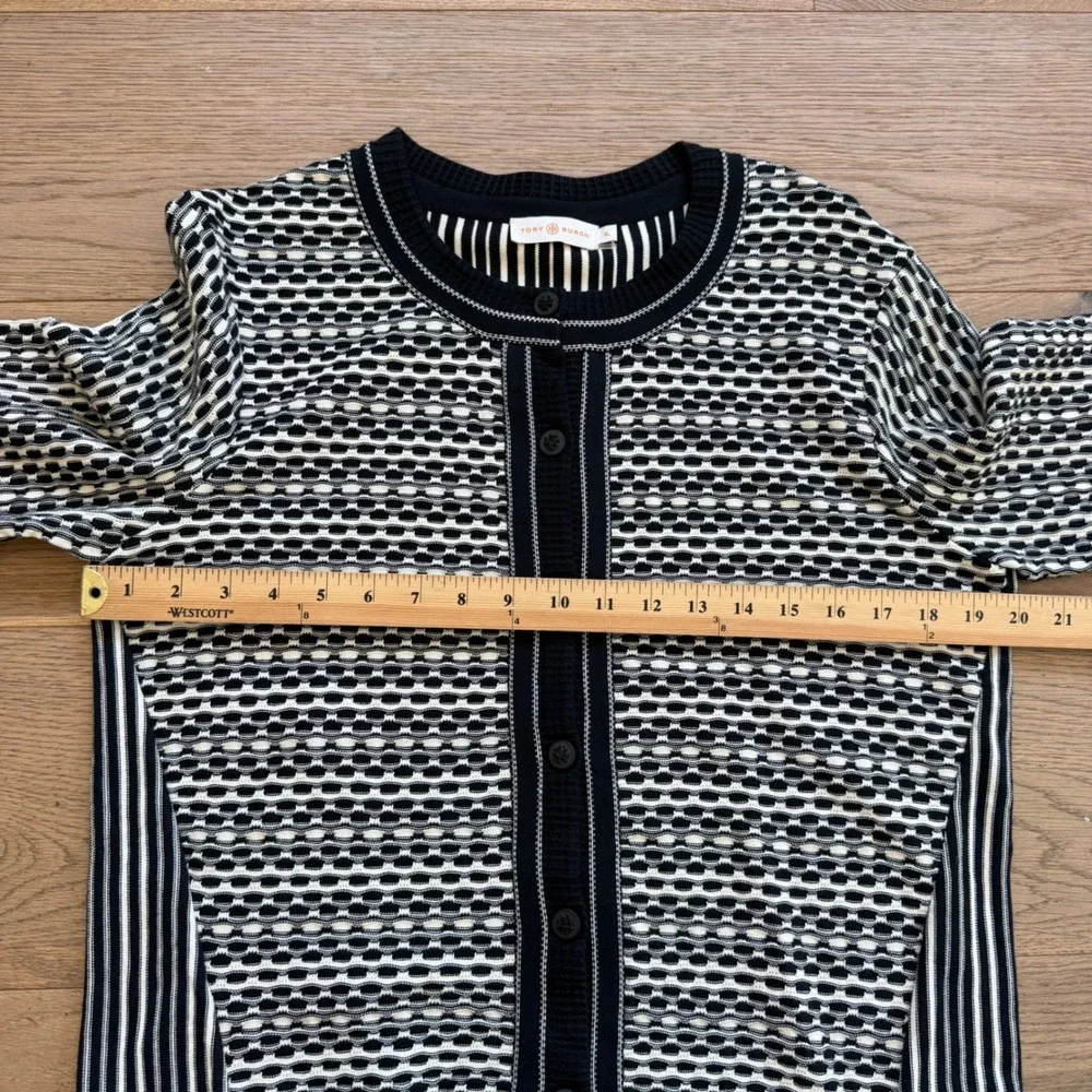 Tory Burch Black White Mixed‎ Pattern Knit Cardigan Sweater XL Cotton Blend Logo